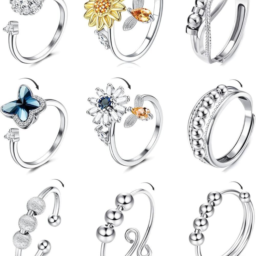 9pcs Fidget Anxiety Rings For Women Spinner Fidget Rings For Anxiety Adjustable